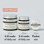 Three jars of KLORIS CBD balm with different sizes and usage durations on a light gray background.